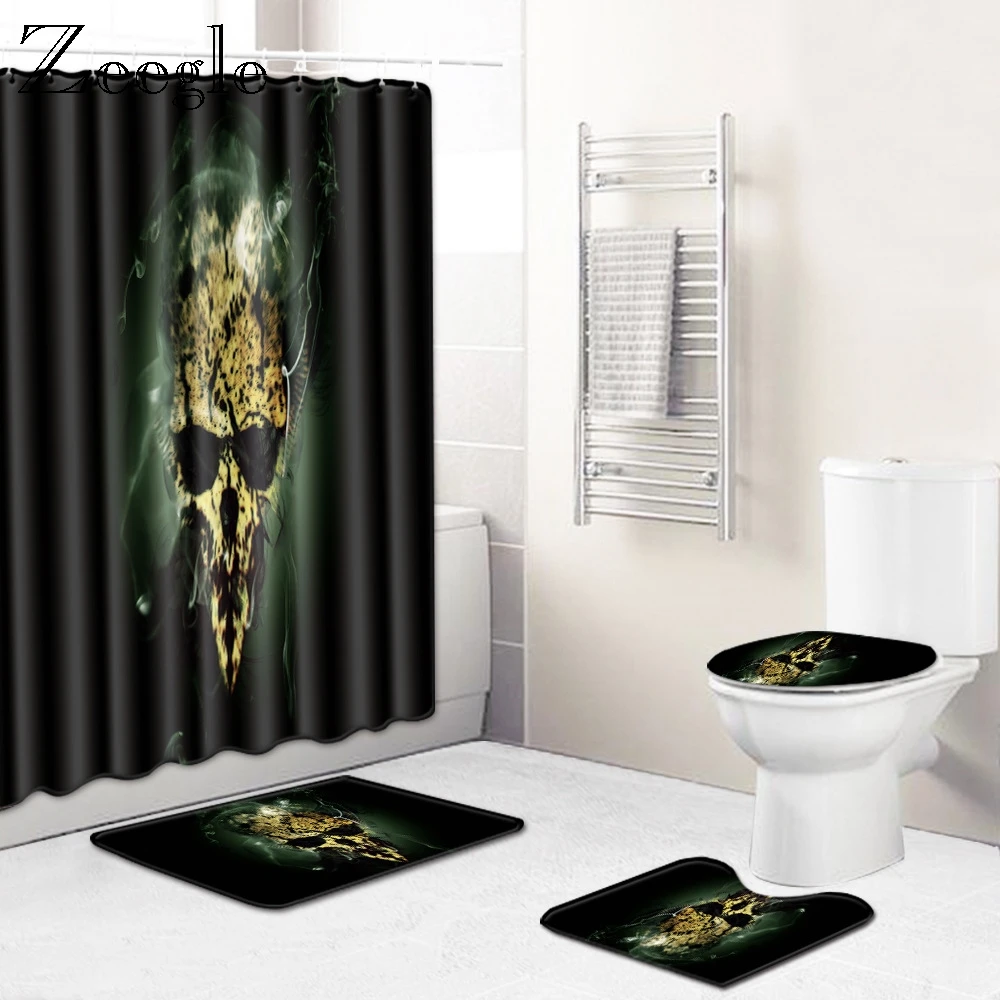 Zeegle 4pcs Bath Mat Set with Shower Curtain Halloween Carpet for Bathroom Decoration Waterproof Shower Room Curtain with Hooks