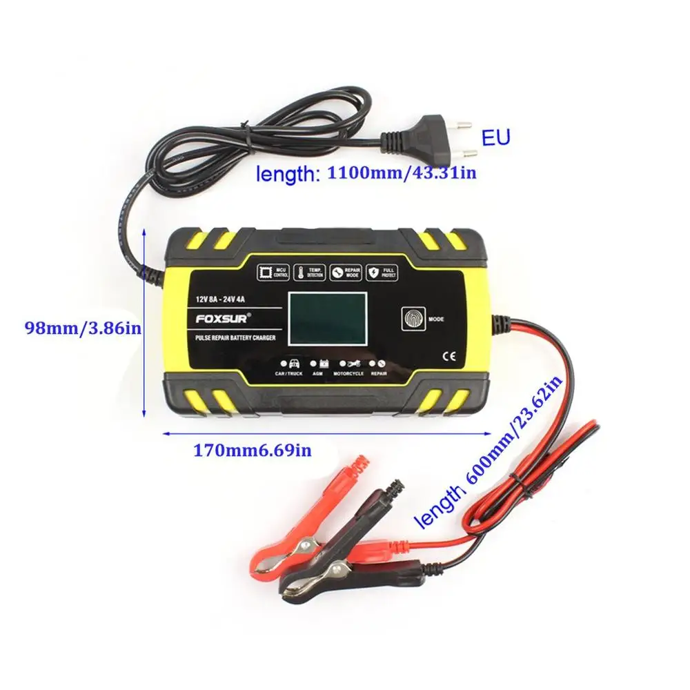 Автомобиль Мотоцикл 12V 8A 24V 4A импульсный ремонт Батарея Зарядное устройство с ЖК-дисплеем Дисплей Agm гель мокрый свинцово-кислотный Батарея Зарядное устройство - Цвет: EU Plug