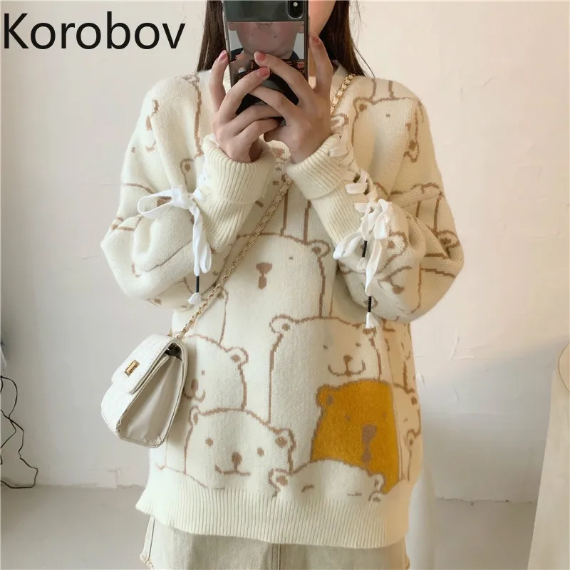 Korobov осенне-зимние Новые свитера с мультяшным рисунком, корейские бандажные пуловеры с бантом и круглым вырезом в японском стиле, Sueter Mujer 79288 Korobov осенне-зимние Новые свитера с мультяшным рисунком, корейские бандажные пуловеры с бантом и круглым вырезом в японском стиле, Sueter Mujer 79288