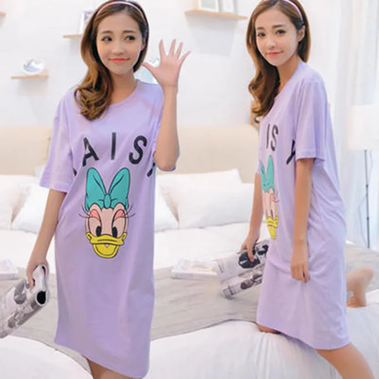 

Short Sleeve Nightgown Women's Summer Nightgown Purple Lettered Duck M -Xxl New Style 160 Grams