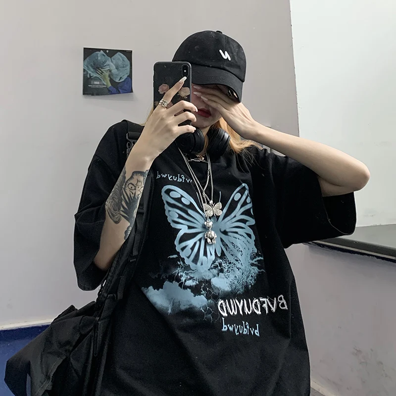

INS Loose Short Sleeve T-shirt Print New Harajuku Style Retro Original Butterfly Summer Female Sleeve Length(cm) Collar Age