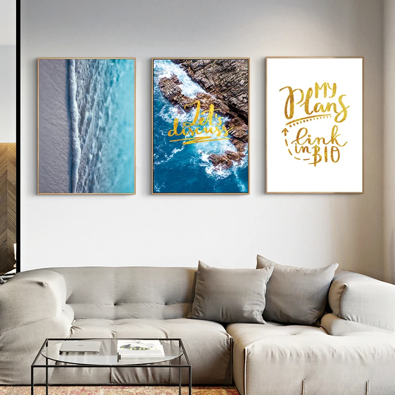 

Modern Canvas Painting Golden Blue Sea Poster and Print Living Room Bedroom Picture Decorative Abstract Home for Decor Unframed
