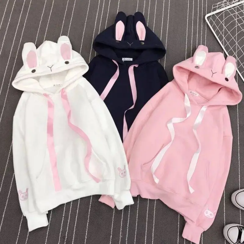 

Sweet Style Kpop Hoodies Women Solid Rabbit Ears Plus Size Women's Hooded Pullover Cute Thicken Long-sleeved Hoodie sweatshirt