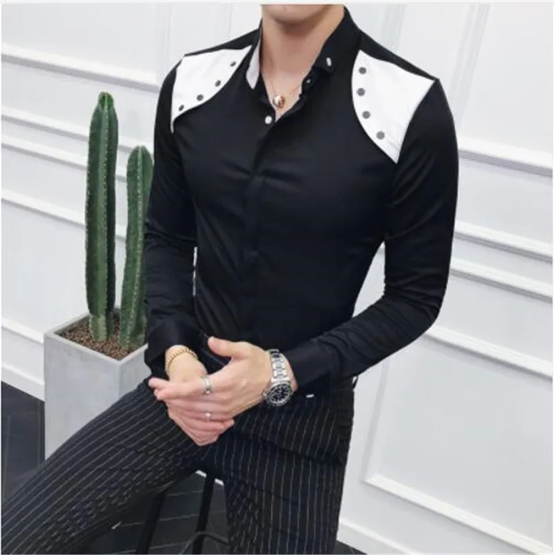 Контрастная черно-белая Лоскутная рубашка для мужчин camisa social masculina, Корейская мужская одежда, новинка, осенние мужские рубашки, повседневные облегающие