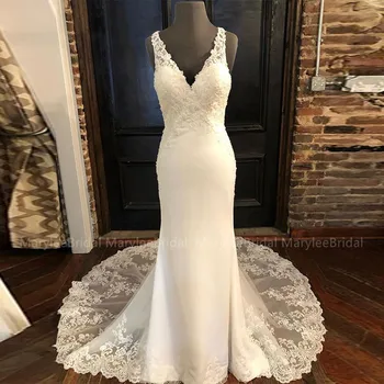 

Vestidos De Noiva V-neck Sleeveless Wedding Dress Made To Measure Appliques Hollow Back Mermaid Bridal Dresses Chapel Train