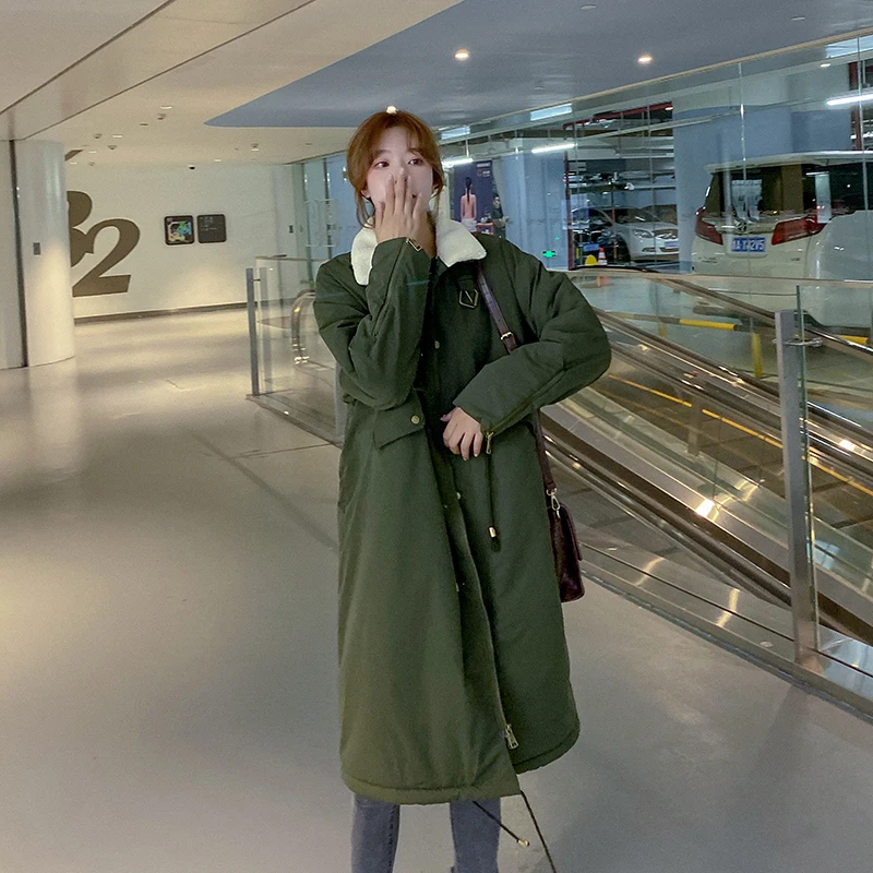 Army Green Модный однотонный женский пуховик, Повседневный, свободный, длинный, плотный, стоячий воротник, сохраняющий тепло, дикое зимнее хлопковое пальто - Цвет: Army Green