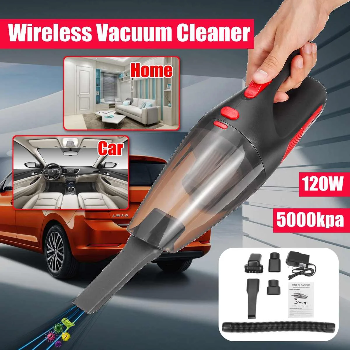 

5000pa Strong Power Car Vacuum Cleaner DC 12 Volt 120W Wireless 5KPA Cyclonic Wet/Dry Auto Portable Vacuums Cleaner HEPA Filter