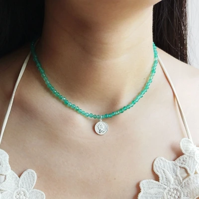 Lii Ji 3 мм Драгоценный Камень Аквамарин перидот Розовый кварц и т. Д. 925 пробы Серебряная монета очаровательное винтажное ожерелье 40+ 5 см - Цвет камня: Green Onyx
