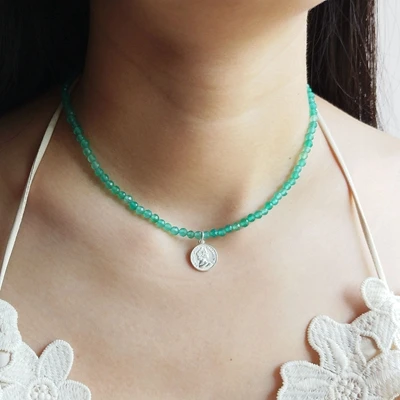 Green Onyx Lii Ji 3 мм Драгоценный Камень Аквамарин перидот Розовый кварц и т. Д. 925 пробы Серебряная монета очаровательное винтажное ожерелье 40+ 5 см - Цвет камня: Green Onyx
