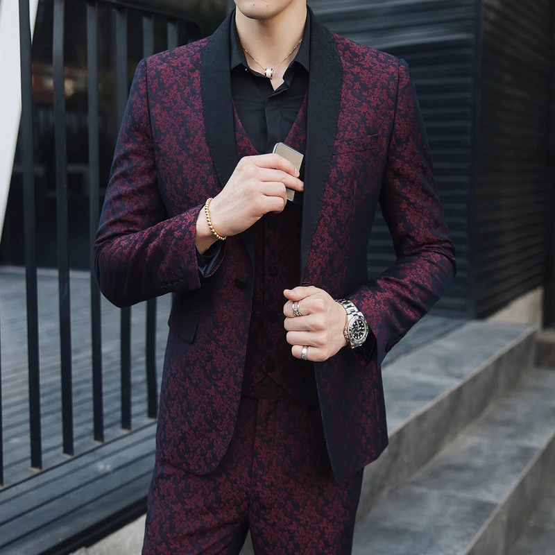 Pop Spring Men Suits Mens Fashion Business Casual Print Silm Wedding 3 Piece Suit Blazer With Pants Vest Large Size 5XL