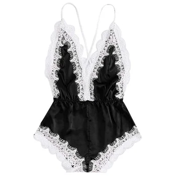 

Women Sexy Lingerie Erotic V Neck Strap Underwear Nightdress Lace Joint Leotard Sleeveless Babydoll Seductive Warm Sleepwear
