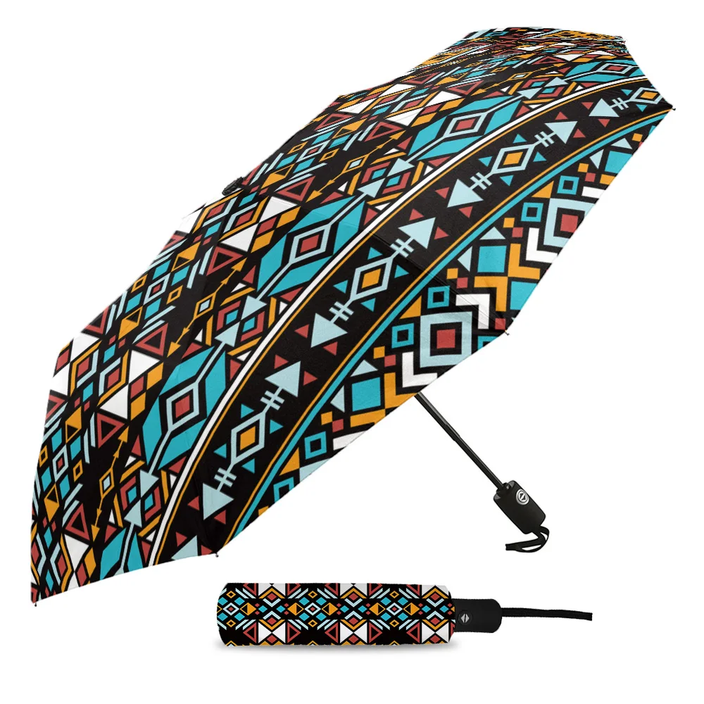 Classic Aztec Geometry Design Three-folding Umbrella Wind Resistant Folding Fully-automatic Umbrella Sunny and Rainy Umbrella