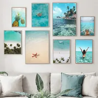 Swimming Girl Poster Ocean Beach Pineapple Wall Art Canvas Painting Sea Landscape Print Nordic Wall Pictures Living Room Decor