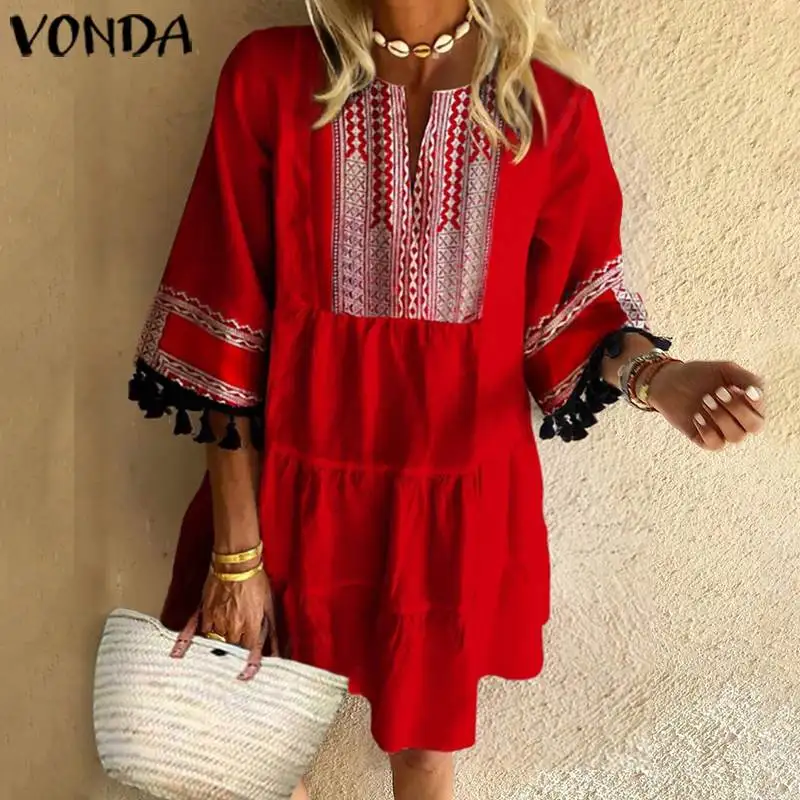 VONDA/летнее винтажное платье с принтом для беременных, сексуальное мини-платье с v-образным вырезом и рукавом до локтя с кисточками, свободный пляжный сарафан, вечерние платья