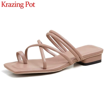 

Krazing pot plus size summer outside slipper flip-flop genuine leather low heel simple style young lady daily women shoes L91