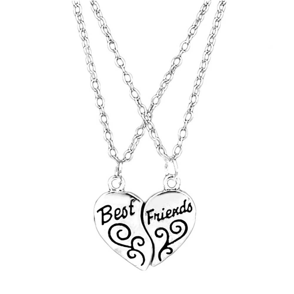 Two Pieces Combination Alloy Necklace Heart Shape Pendent Carved Best Friends Girlfriends Gift