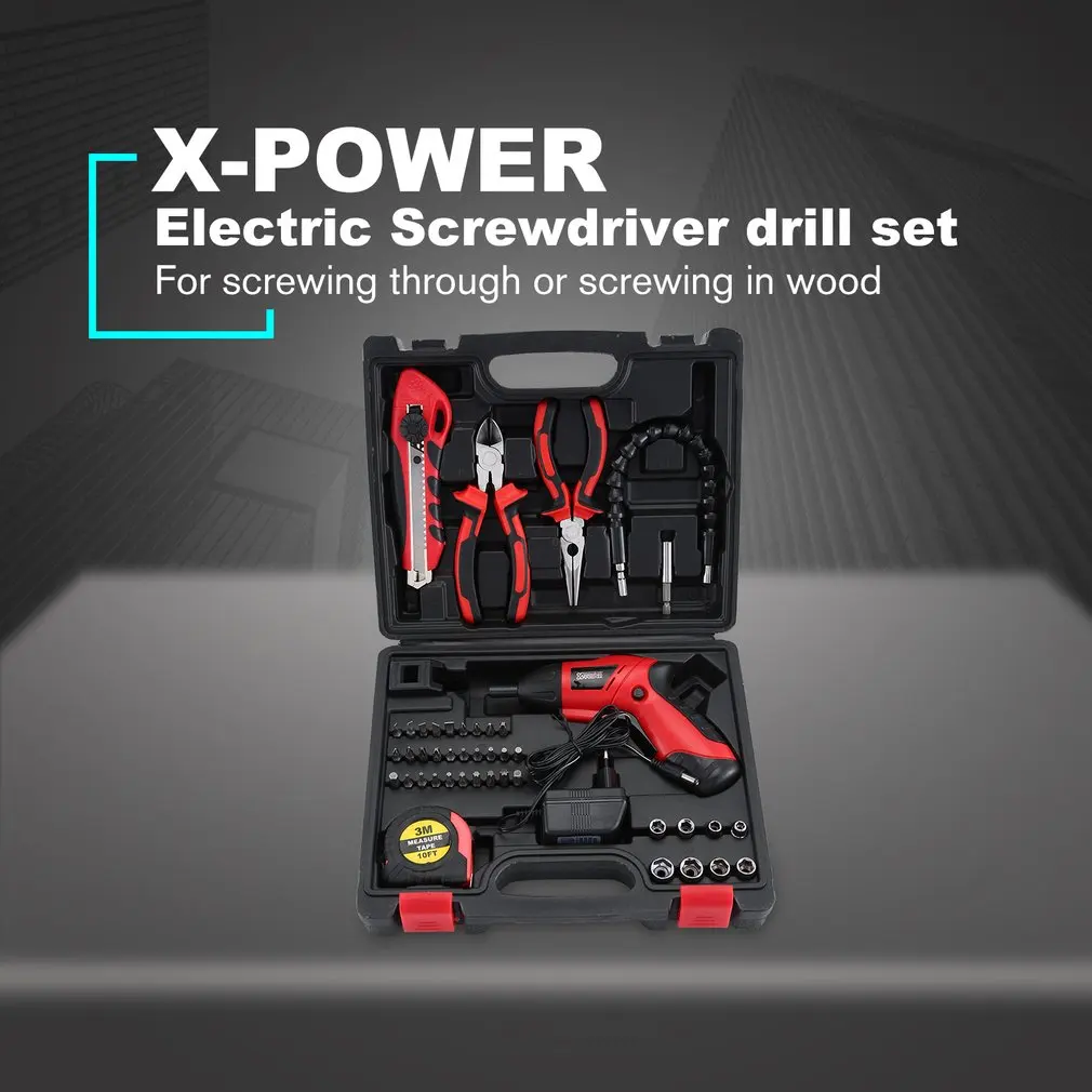 

X-power 4.8V Rechargeable Cordless Electric Screwdriver Drill Bit Kit Set Household DIY Screw Power Driver Sleeve Tool Set