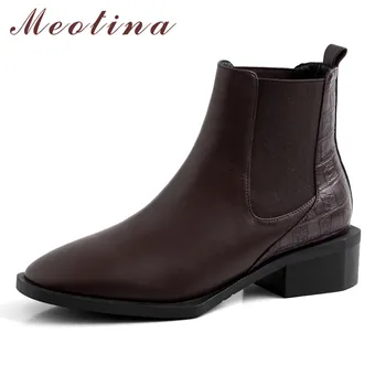

Meotina Winter Chelsea Boots Women Natural Genuine Leather Block Heels Ankle Boots Slip on Square Toe Shoes Lady Autumn Size 39