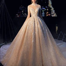 Роскошное блестящее свадебное платье Vivian, элегантное осеннее зимнее платье с высоким воротом и рукавом три четверти, Свадебное бальное платье с бусинами и цветами