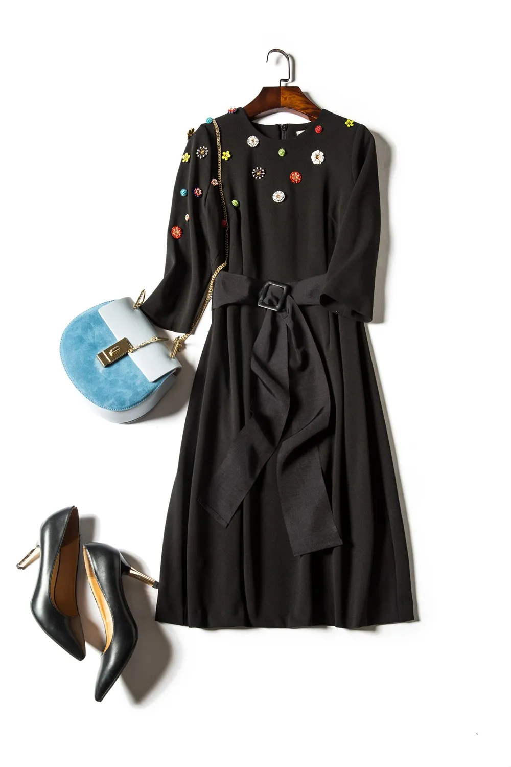 Подиум Дизайнер Высокое качество осень новая женская мода сексуальные вечерние офисные повседневные винтажные элегантные шикарные аппликация Черное миди платье