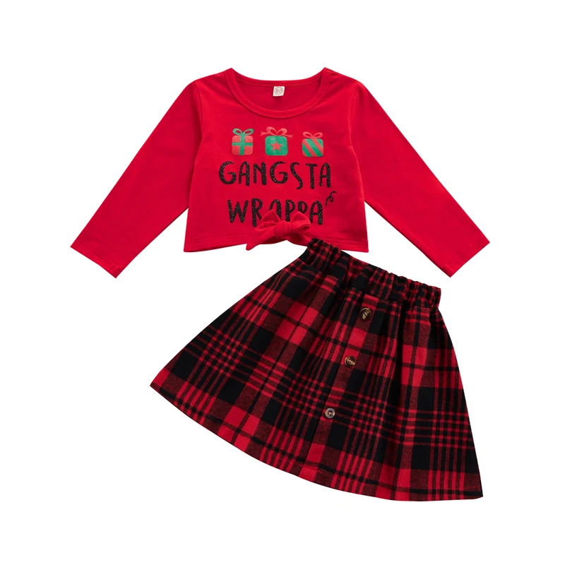 

2-7Y Children's Christmas Short Skirt Set Bowknot Letter Print Pullover Plaid A-line Skirt Set New Year Outfits