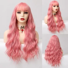 

MANWEI Long Pink Wig with Bangs Natural Wave Heat Resistant Wavy Hair Synthetic Wigs for Women Lolita Cosplay