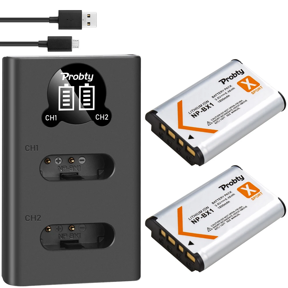 PROBTY 2Pcs NP-BX1 NP BX1 Batteries + LED Charger For Sony DSC-RX100 DSC-WX500 IV RX10 II HX300 WX300 HDR-AS15 CX240E MV1 AS30V |
