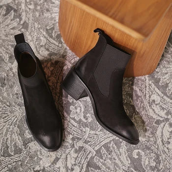 

Women Genuine Leather Ankle Boots High Heels Night Club Party Shoes Woman elastic band Short Ladies Boots