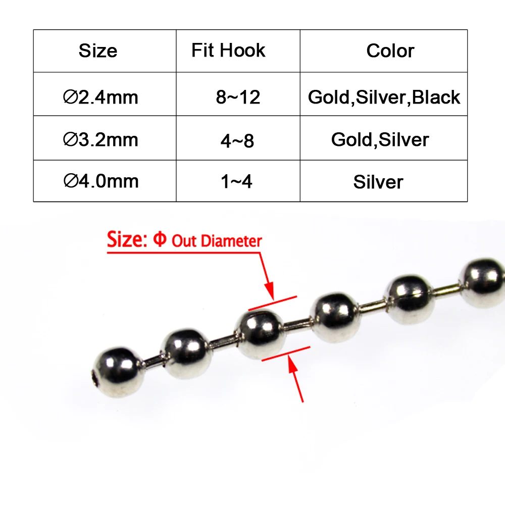ICERIO 45cm/pcs Fly Tying Bead Chain Tying Bead Eyes Metal 2.4mm 3.2mm Fly Fishing Materials