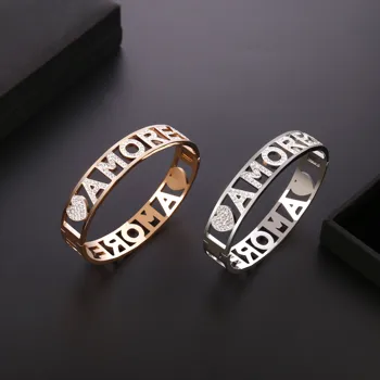 

Rose Gold Amore Crystal Letter Bangle Bracelet For Women Stainless Steel Bangle Gift Jewelry Bijoux femme 2020 Wholesale