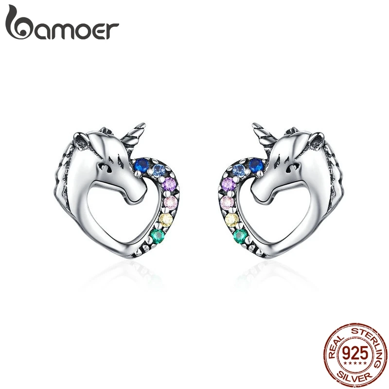 Серьги гвоздики BAMOER Lucky Licorne для девочек Разноцветные серьги с конским ухом 925