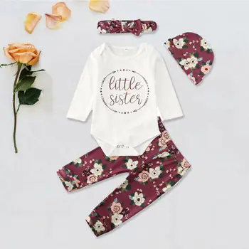 

4PCS Baby Girl Clothes Little Sister Romper Tops +Flower Pants +Headband +Hat Set Cottpn Soft Tracksuit newborn clothes 0-18M