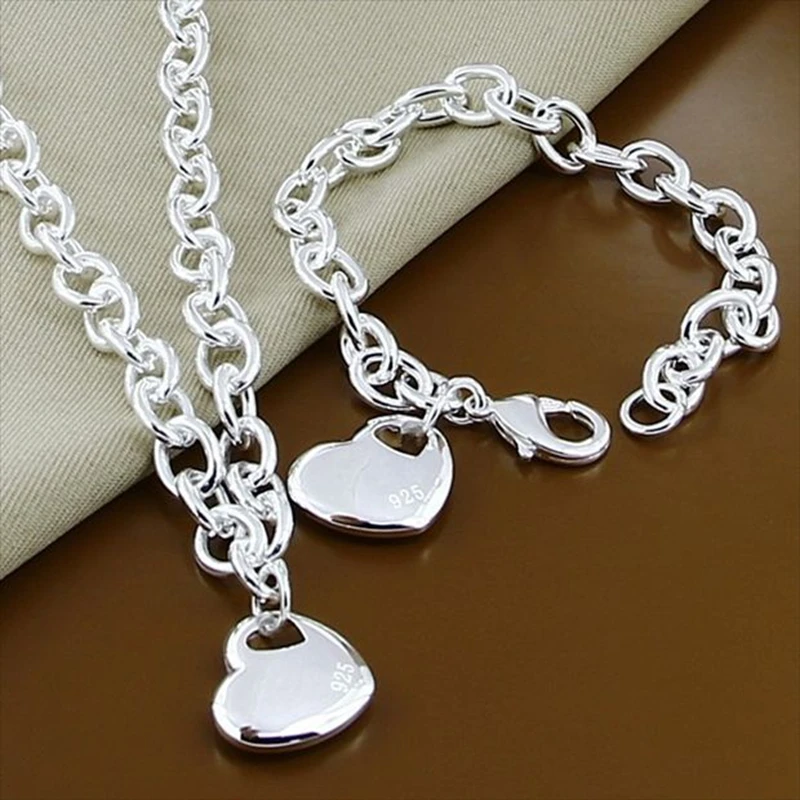 Wholesale Jewelry Set 925 Sterling Silver Fashion Heart Small Chain Necklace  Bracelet Set Woman Man Fine Jewelry|Jewelry Sets| - AliExpress