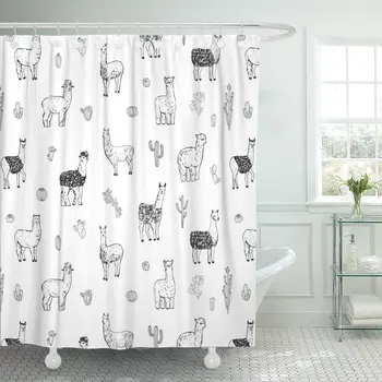 

Green Llama Lama Line Pattern Watercolor Alpaca Cactus Drawing Shower Curtain Polyester 60 x 72 inches Set with Hooks