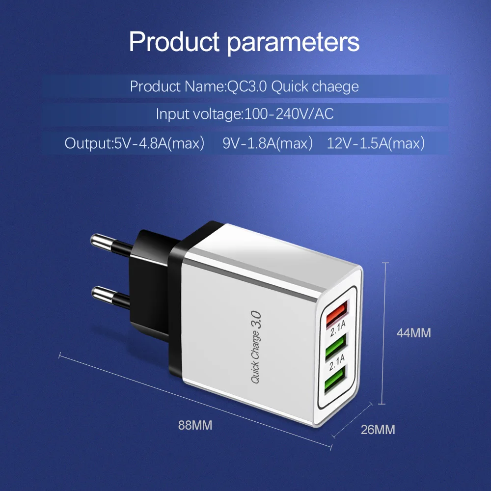 Быстрая зарядка 3,0 USB зарядное устройство с европейской вилкой для мобильного телефона, быстрая зарядка для iPhone X XS 8 7 samsung S8 3 порта адаптер QC 3,0