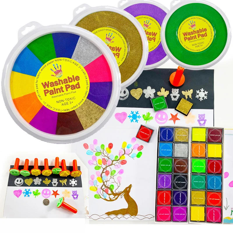 Juguetes Divertidos para niños, cojín para sello de tinta de 6-12 colores, DIY, pintura para dedos, manualidades, fabricación de tarjetas, grafiti, Montessori, juguete de dibujo para bebé