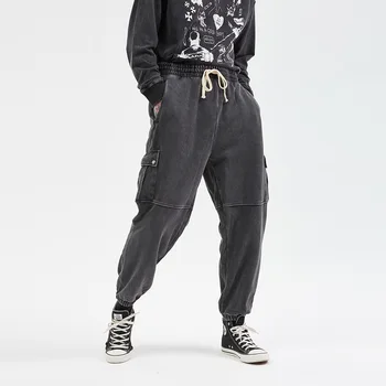 

New Streetwear Wash Retro Big Pocket Loose Men's Beam Trousers Casual Drawstring Joggers Baggy Track Pants Hip Hop Pants Men