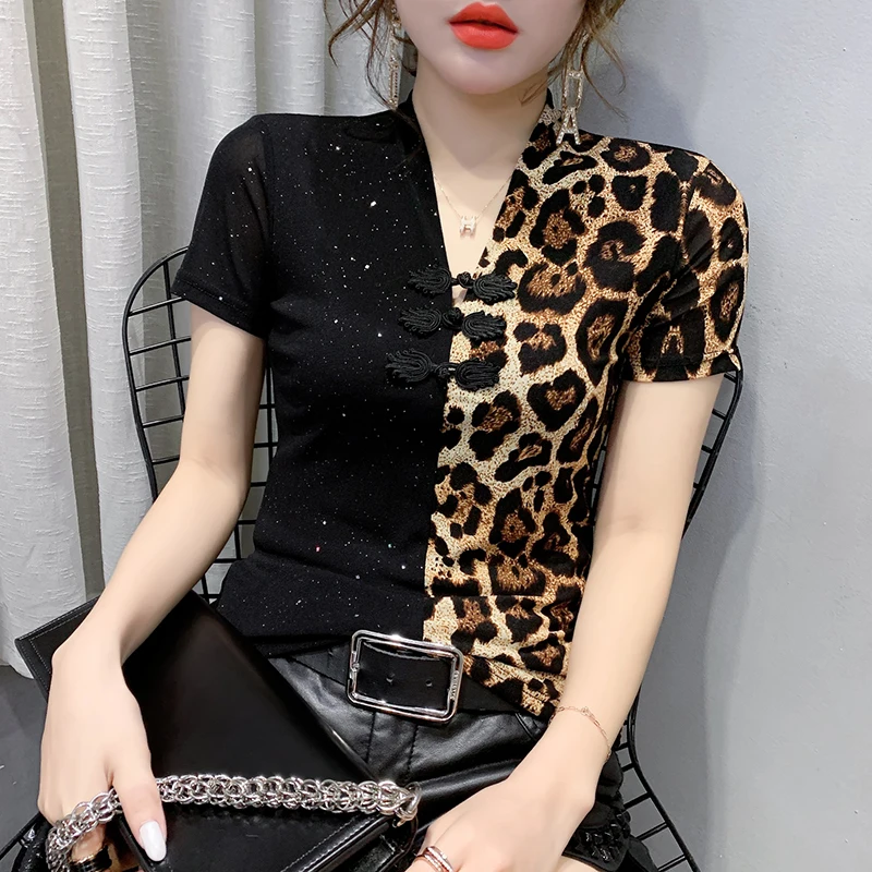 

2020 Summer T-shirts New Fashion Color Matching Ins Retro Sexy Slim Buckle Mesh Short-sleeved T-shirt Female Tops Tee Tshirts