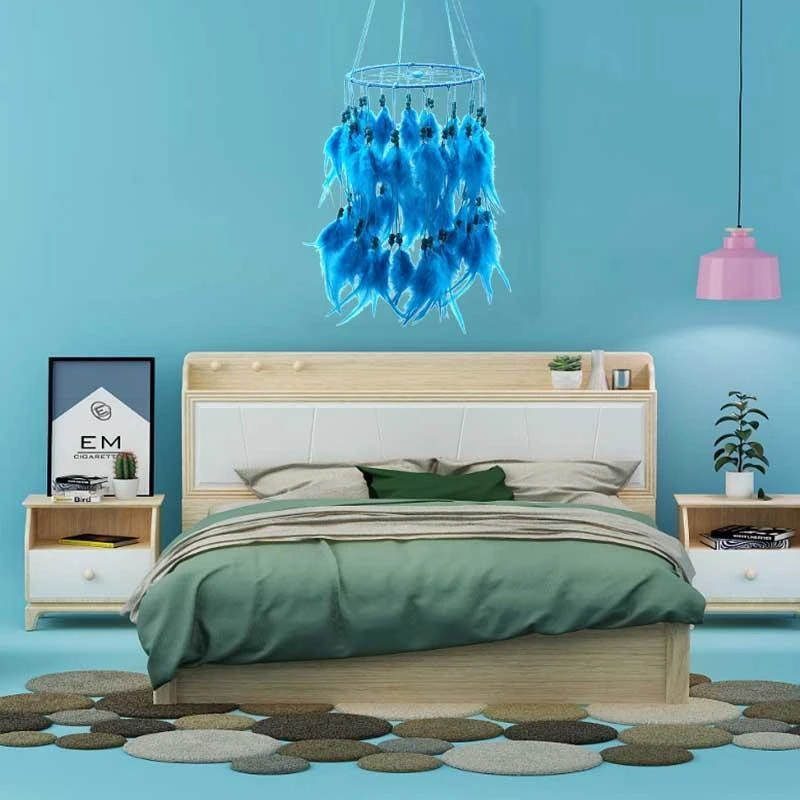 New-New Fashion Originality Hanging Feather Pearl Dreamcatcher Wind Chimes Indian Style Pendant Dream Catcher Gift Skyblue