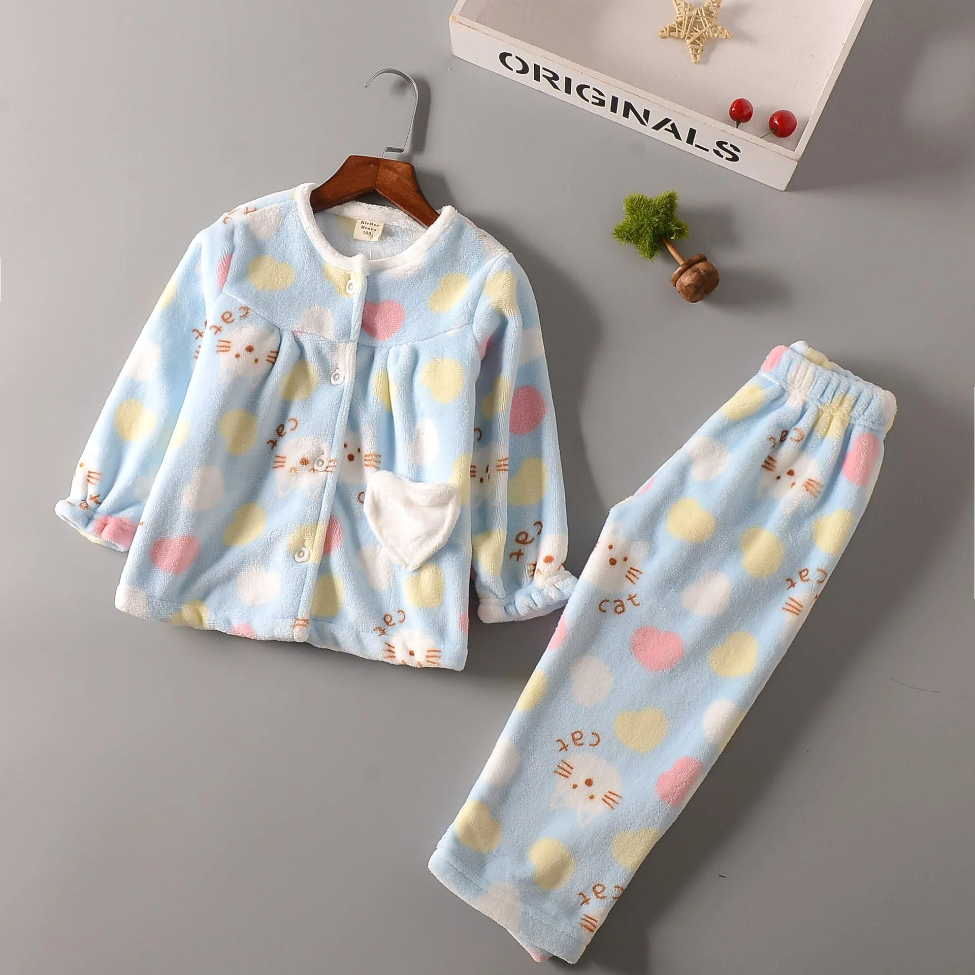 Korean-style New Style Autumn And Winter Children Flannel Pajamas Two-Piece Set Men And Women Children Childrenswear Homewear Se