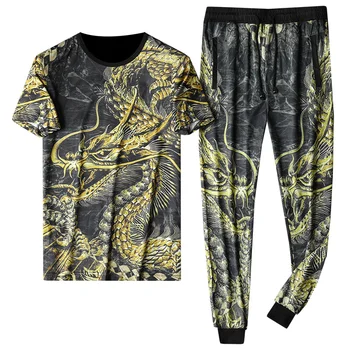 

Men Sets 2020 Summer 2pc Tracksuit T Shirt + Pants Mens Sportswears Beach Tee Shirts Male Chinese Style Print Sweat Suit Set