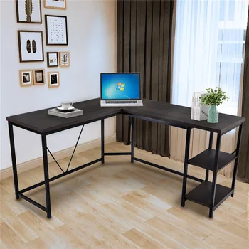 

L-Shaped Office Desk Computer Desk Student Study Table with 2-Tier Storage Shelves for Home Office