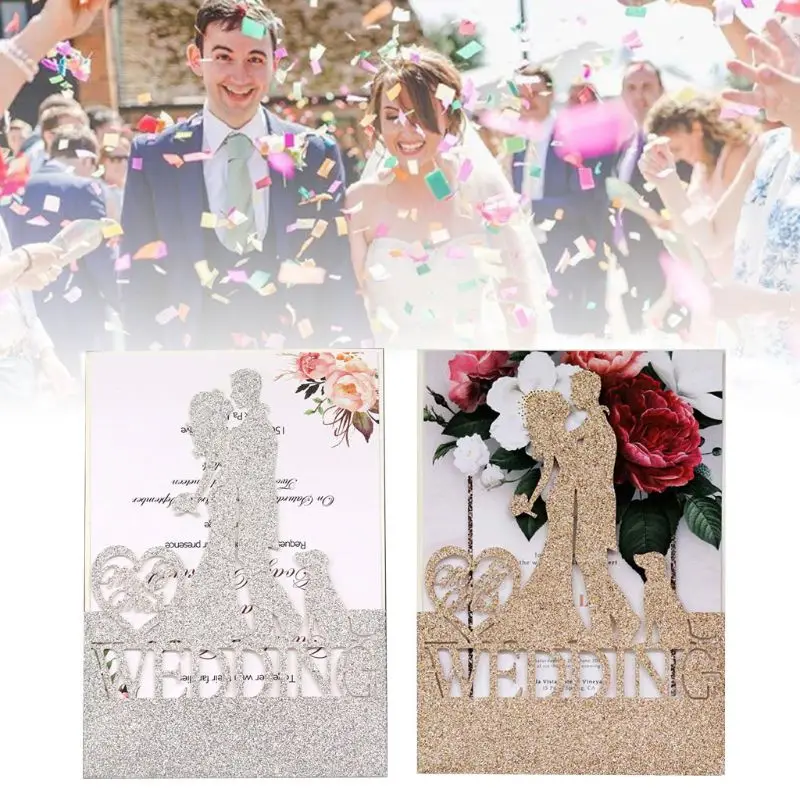  10pcs/set Glitter Laser Cut Wedding Invitations Card Invite Envelopes Kit for Engagement Personaliz - 4.00036E+12