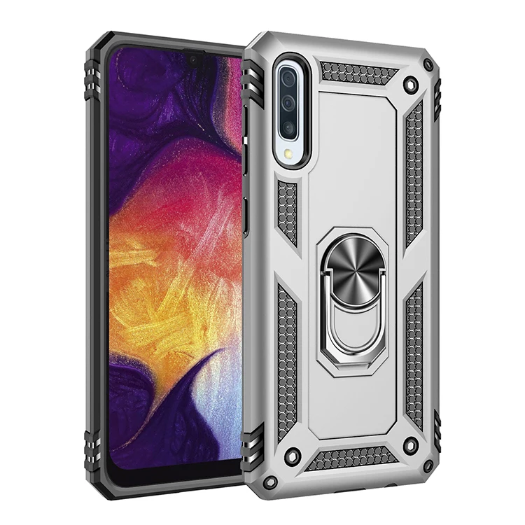Для Galaxy A50 Чехол Жесткий ПК+ мягкий ТПУ противоударный задняя крышка для samsung Galaxy A10 A20 A30 A40 A60 A70 A80 стенд кольцо чехол - Цвет: Серебристый