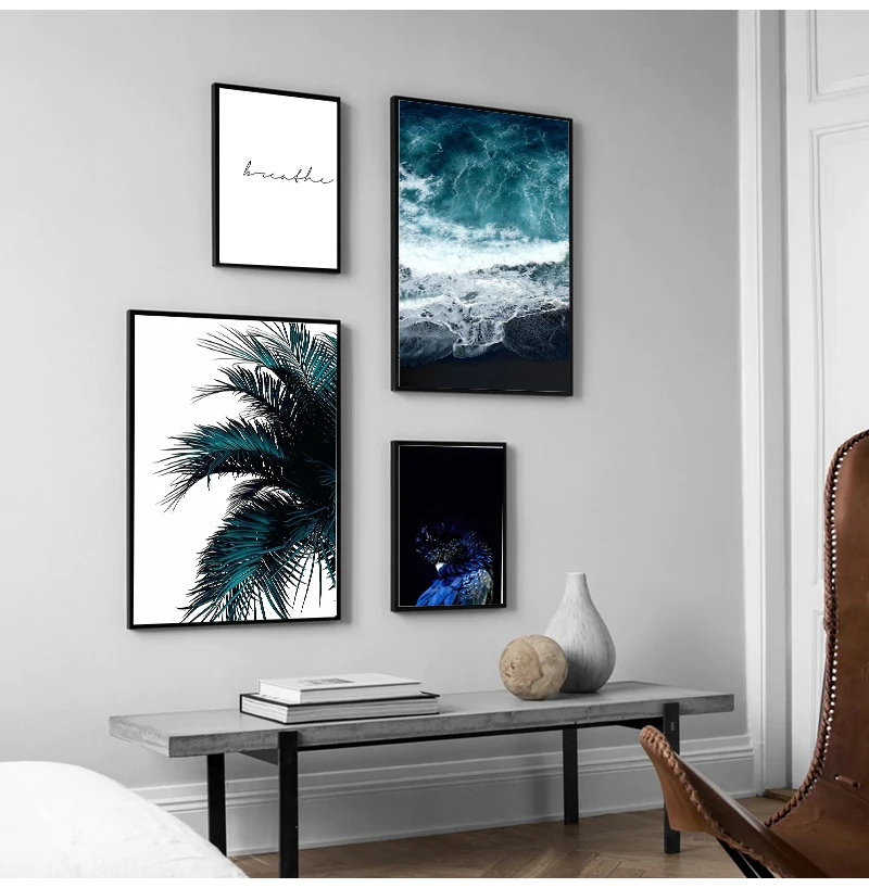 Picture Wall Art Poster and Print Canvas Painting Ocean Landscape Nordic Style Modern Home Decor Blue Cockatoo Leaf Scandinavian