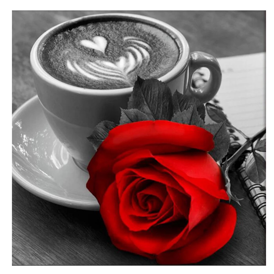 Diamante Pittura Rosa Rossa Fiori Caffè Strass Immagini Ricamo Trapano Circolare Completo Rosa Perline Pittura Decorazioni Per La Casa