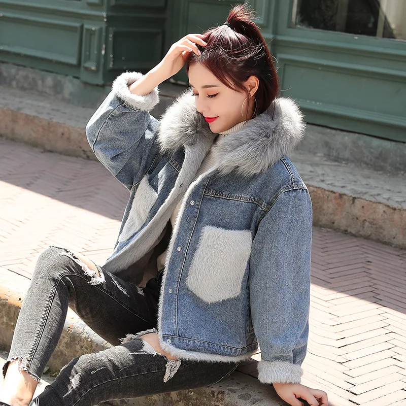 

2019 Winter New Style Mink Hair Pocket Large Fur Collar plus Velvet Cowboy Short Jacket Warm Versatile Short-height Cotton Coat