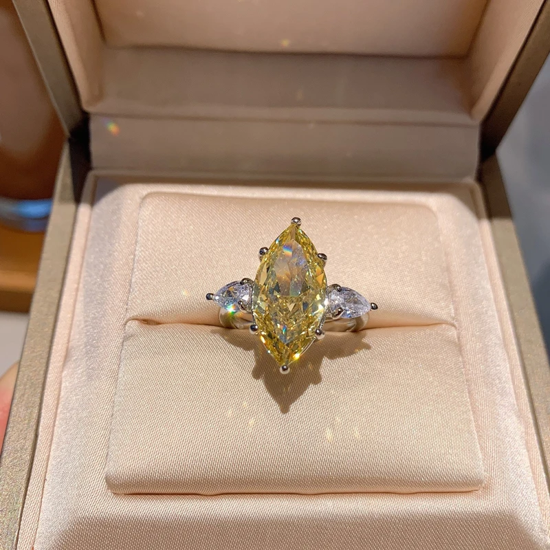 OEVAS 100% 925 Sterling Silver 9*18mm Yellow High Carbon Diamond Radiant Cut Rings For Women Sparkling Wedding Fine Jewelry Gift