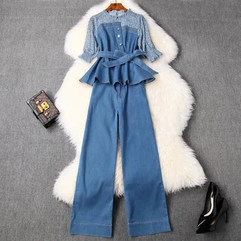 

2020 Spring Summer Ruffles Denim Women Tops Blouse Patchwork + Wide Leg Pants Jeans Two Piece Set Blue