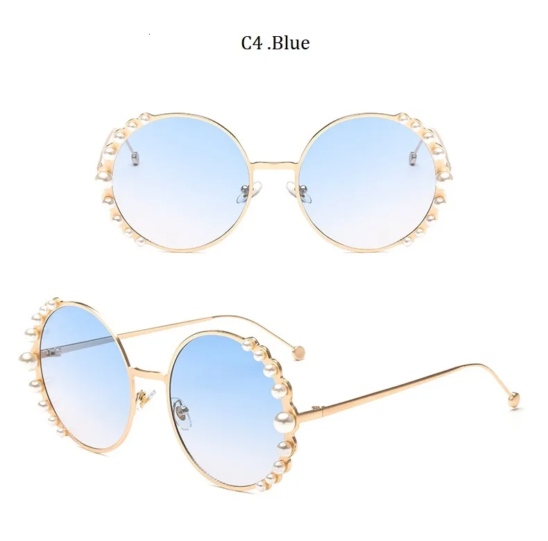 Luxury Beads Round Sunglasses Women Fashion Alloy Frame Brand Pearls Designer Sun Glasses For Female Brown Shades UV400 New